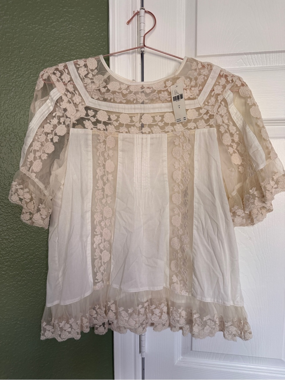 Anthropologie Ivory Lace-Trim Women's Blouse